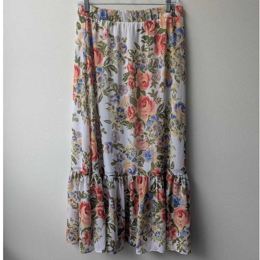 Susan Graver Maxi Skirt White Floral Tiered Ruffle Sz S Cottagecore Romantic
